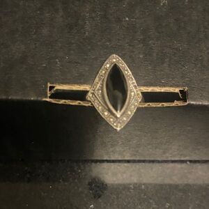 Elegant Marcasite Ring Stunning Black Stone Marquis Shape